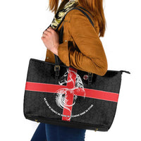 Georgia Leather Tote Bag with Black Patterned Red Cross with Dragon Horse Symbol and Silent Pride Quote Design - Wonder Print Shop