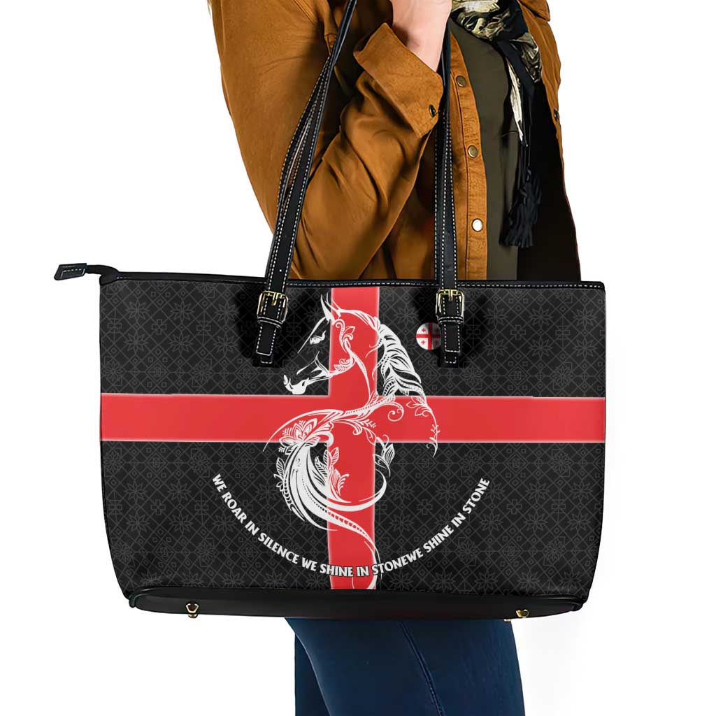 Georgia Leather Tote Bag with Black Patterned Red Cross with Dragon Horse Symbol and Silent Pride Quote Design - Wonder Print Shop