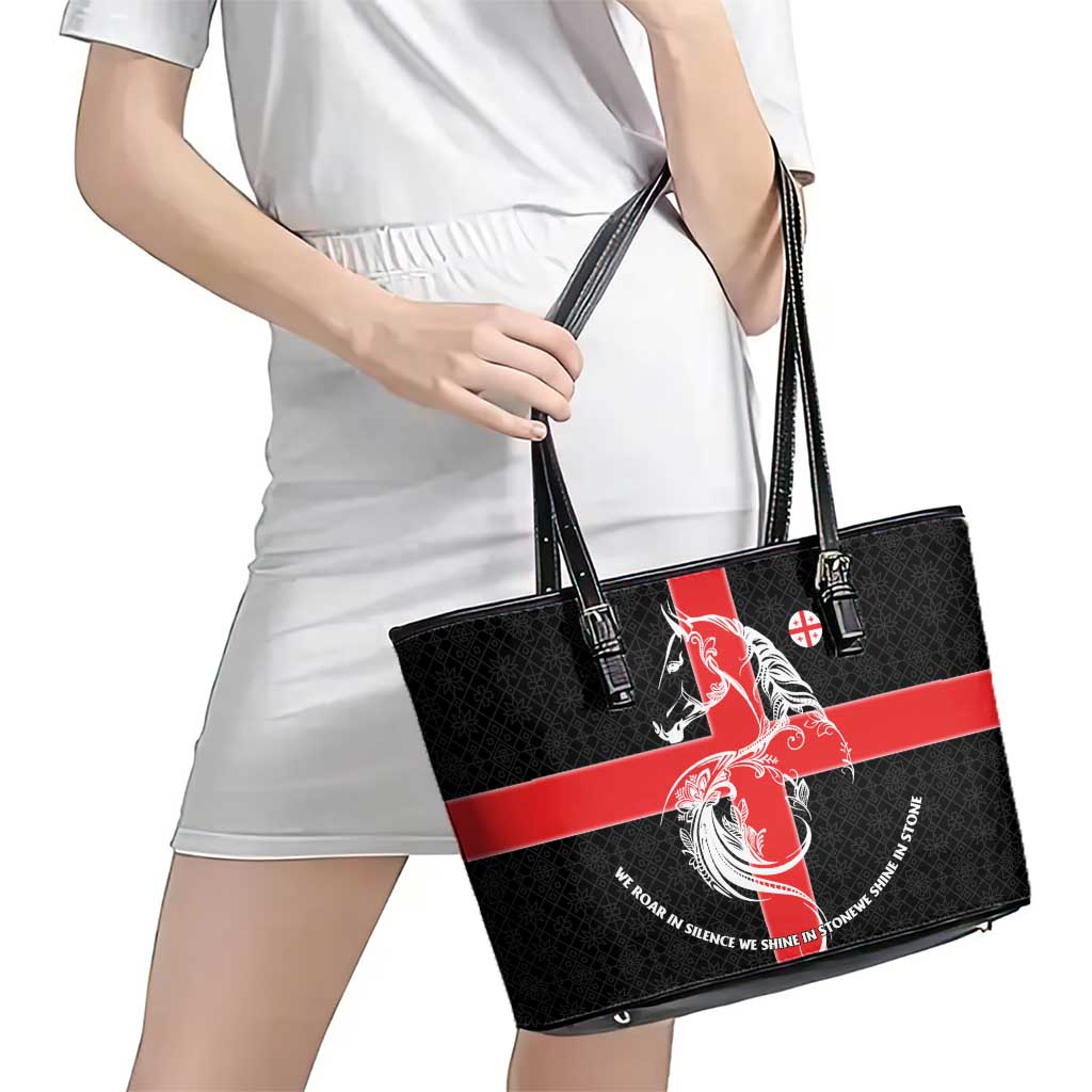 Georgia Leather Tote Bag with Black Patterned Red Cross with Dragon Horse Symbol and Silent Pride Quote Design - Wonder Print Shop