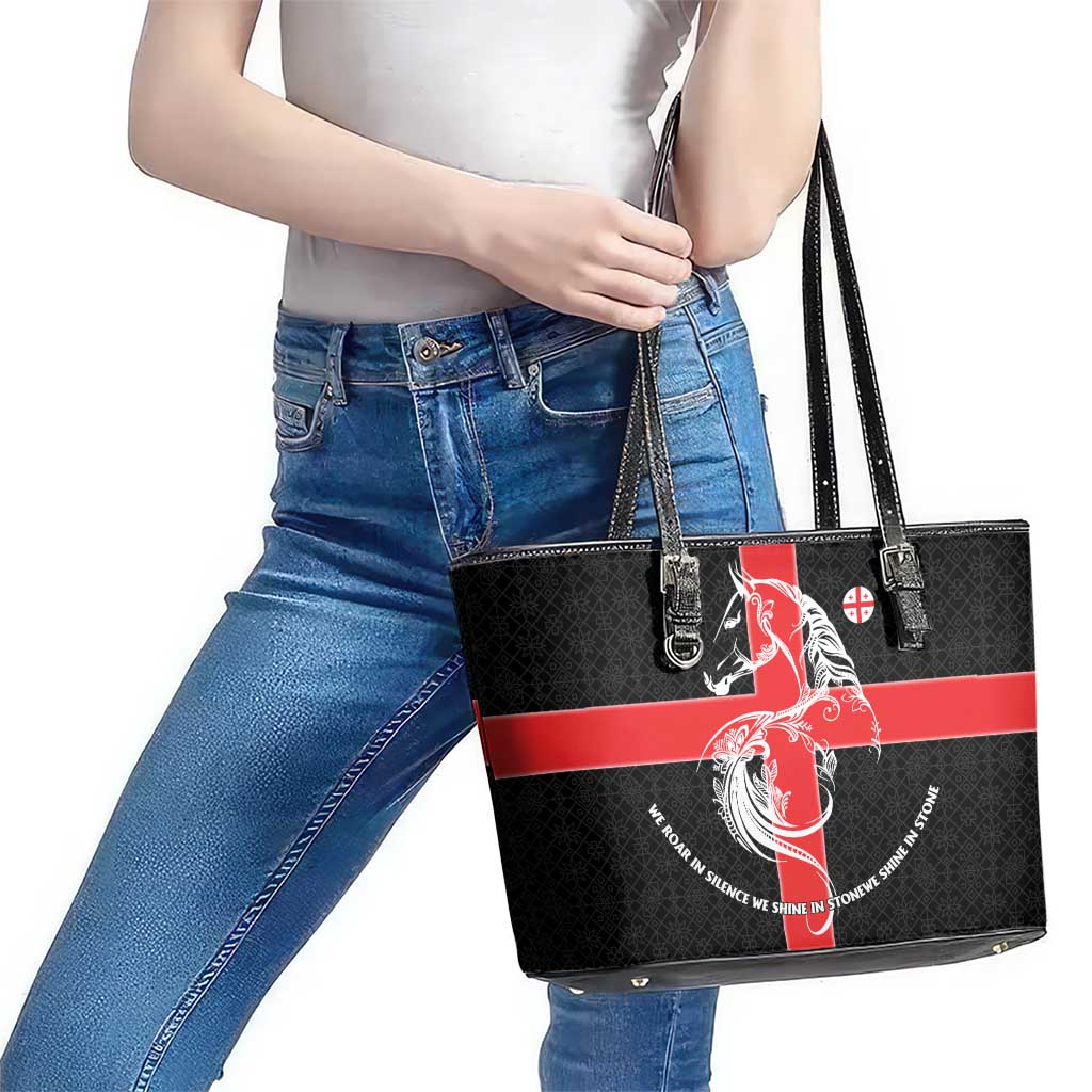 Georgia Leather Tote Bag with Black Patterned Red Cross with Dragon Horse Symbol and Silent Pride Quote Design - Wonder Print Shop