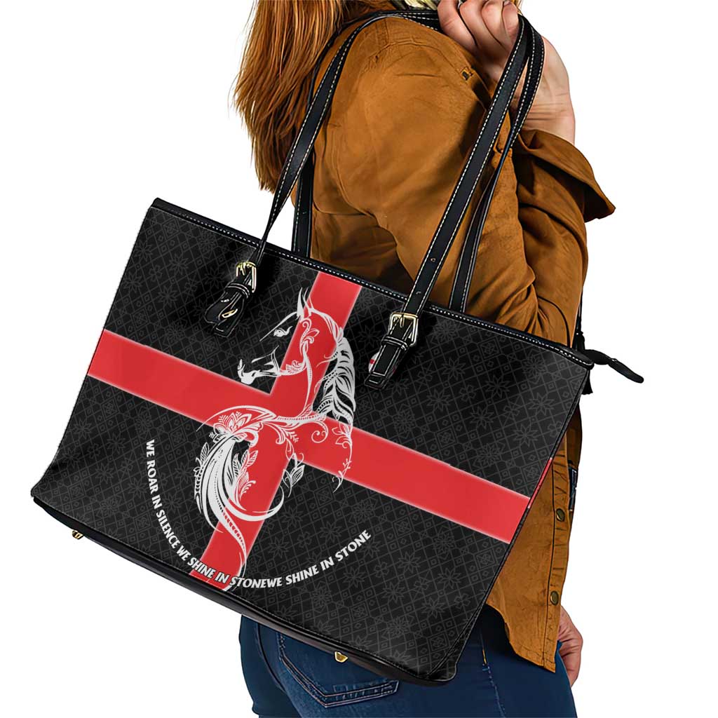 Georgia Leather Tote Bag with Black Patterned Red Cross with Dragon Horse Symbol and Silent Pride Quote Design - Wonder Print Shop