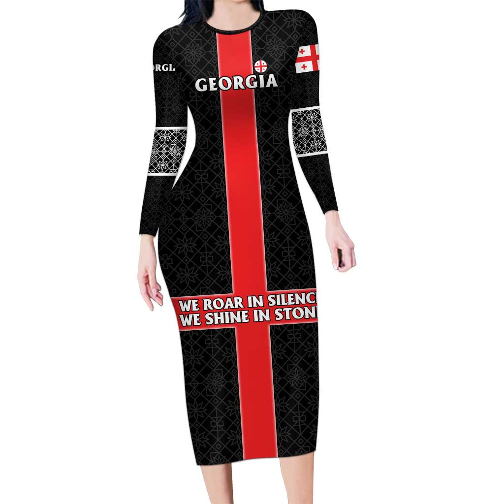 Georgia Long Sleeve Bodycon Dress with Black Patterned Red Cross with Dragon Horse Symbol and Silent Pride Quote Design - Wonder Print Shop