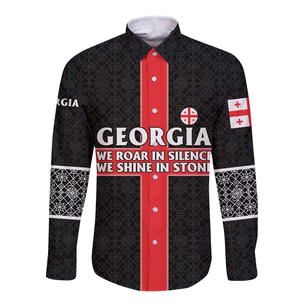 Georgia Long Sleeve Button Shirt with Black Patterned Red Cross with Dragon Horse Symbol and Silent Pride Quote Design - Wonder Print Shop