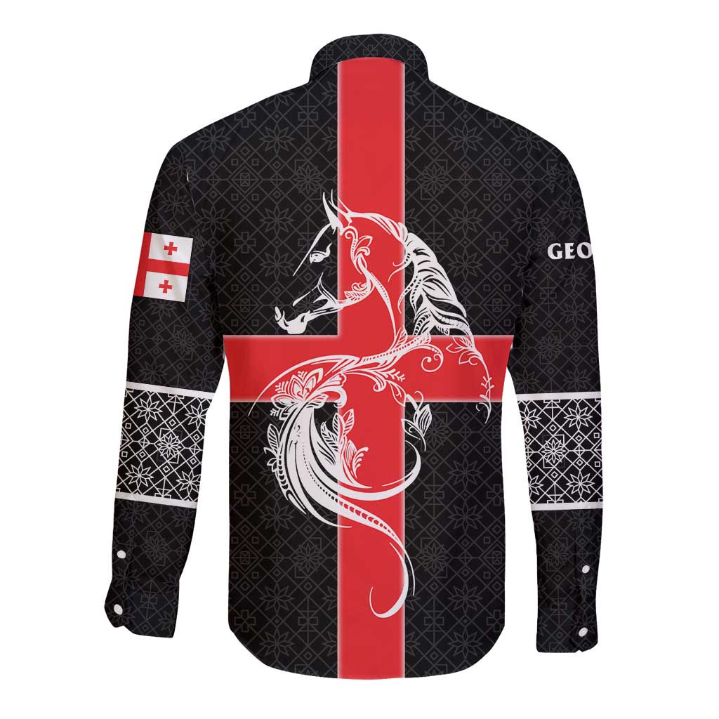 Georgia Long Sleeve Button Shirt with Black Patterned Red Cross with Dragon Horse Symbol and Silent Pride Quote Design - Wonder Print Shop