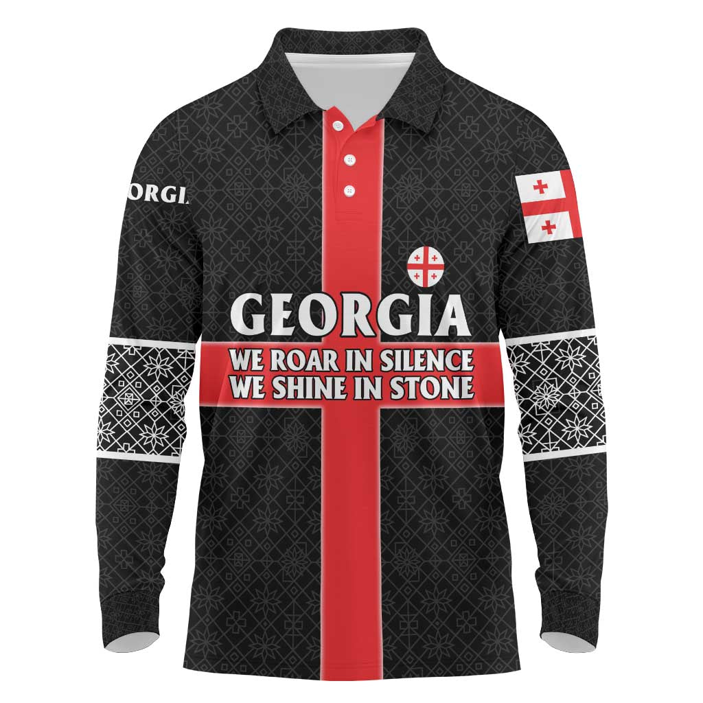 Georgia Long Sleeve Polo Shirt with Black Patterned Red Cross with Dragon Horse Symbol and Silent Pride Quote Design - Wonder Print Shop
