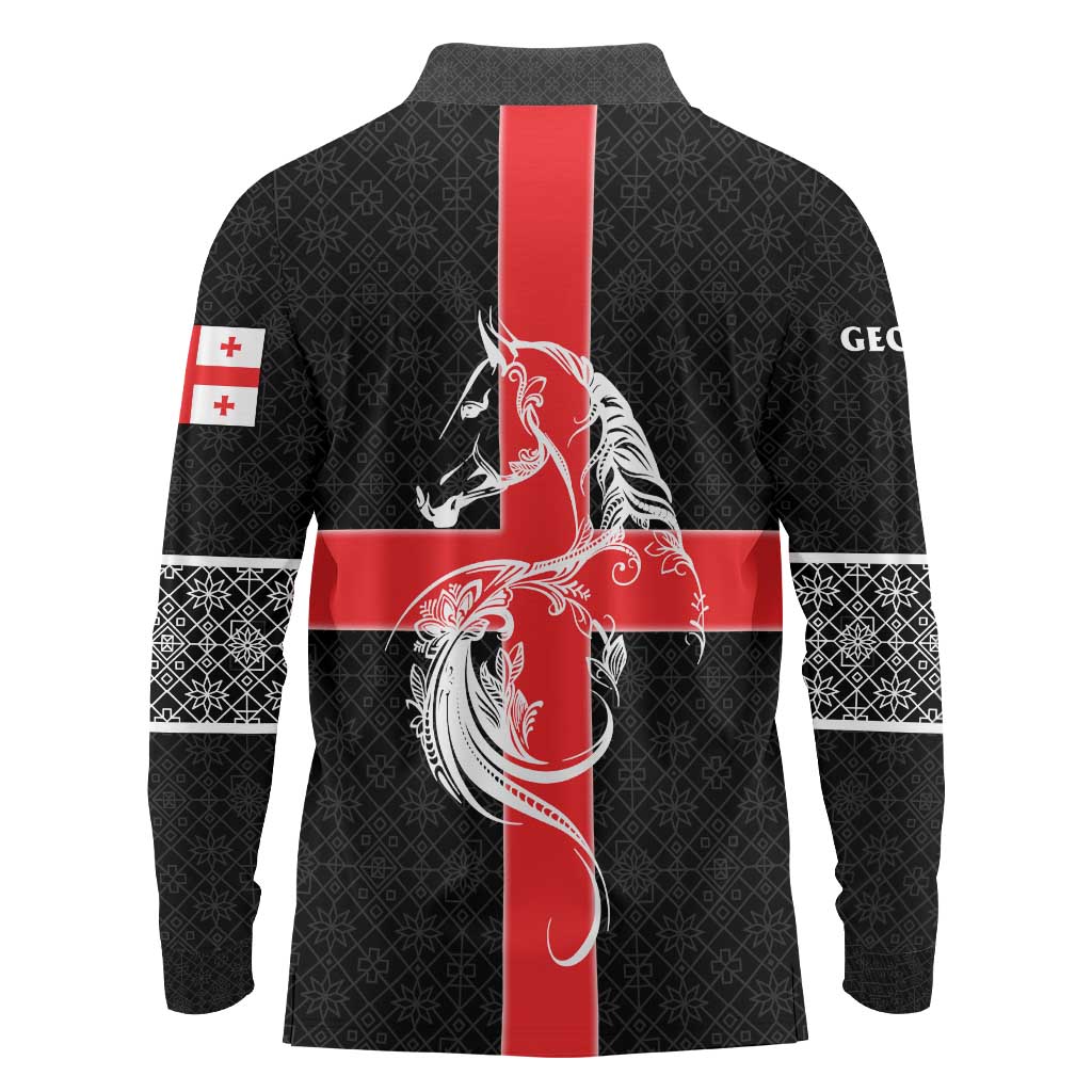Georgia Long Sleeve Polo Shirt with Black Patterned Red Cross with Dragon Horse Symbol and Silent Pride Quote Design - Wonder Print Shop