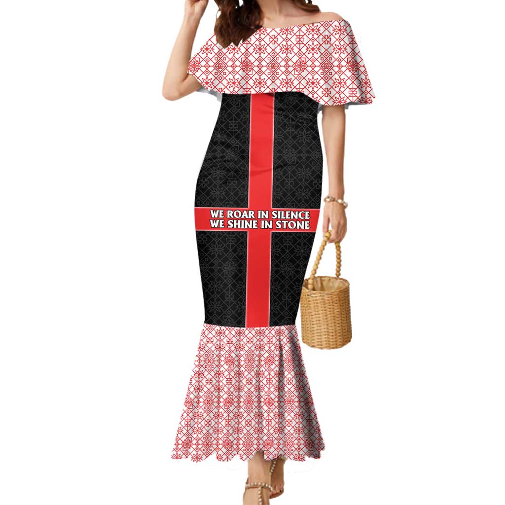 Georgia Mermaid Dress with Black Patterned Red Cross with Dragon Horse Symbol and Silent Pride Quote Design - Wonder Print Shop