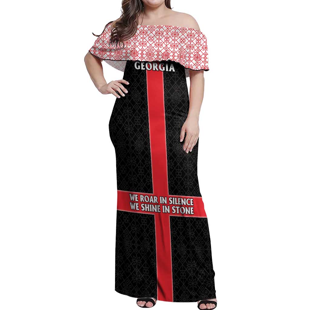 Georgia Off Shoulder Maxi Dress with Black Patterned Red Cross with Dragon Horse Symbol and Silent Pride Quote Design - Wonder Print Shop