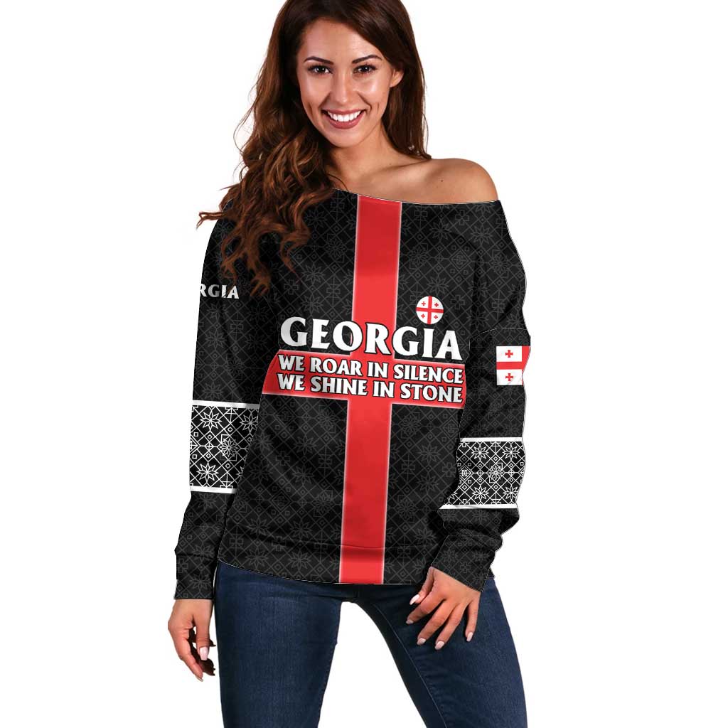 Georgia Off Shoulder Sweater with Black Patterned Red Cross with Dragon Horse Symbol and Silent Pride Quote Design - Wonder Print Shop