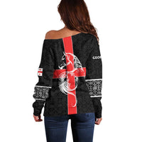 Georgia Off Shoulder Sweater with Black Patterned Red Cross with Dragon Horse Symbol and Silent Pride Quote Design - Wonder Print Shop