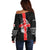 Georgia Off Shoulder Sweater with Black Patterned Red Cross with Dragon Horse Symbol and Silent Pride Quote Design - Wonder Print Shop