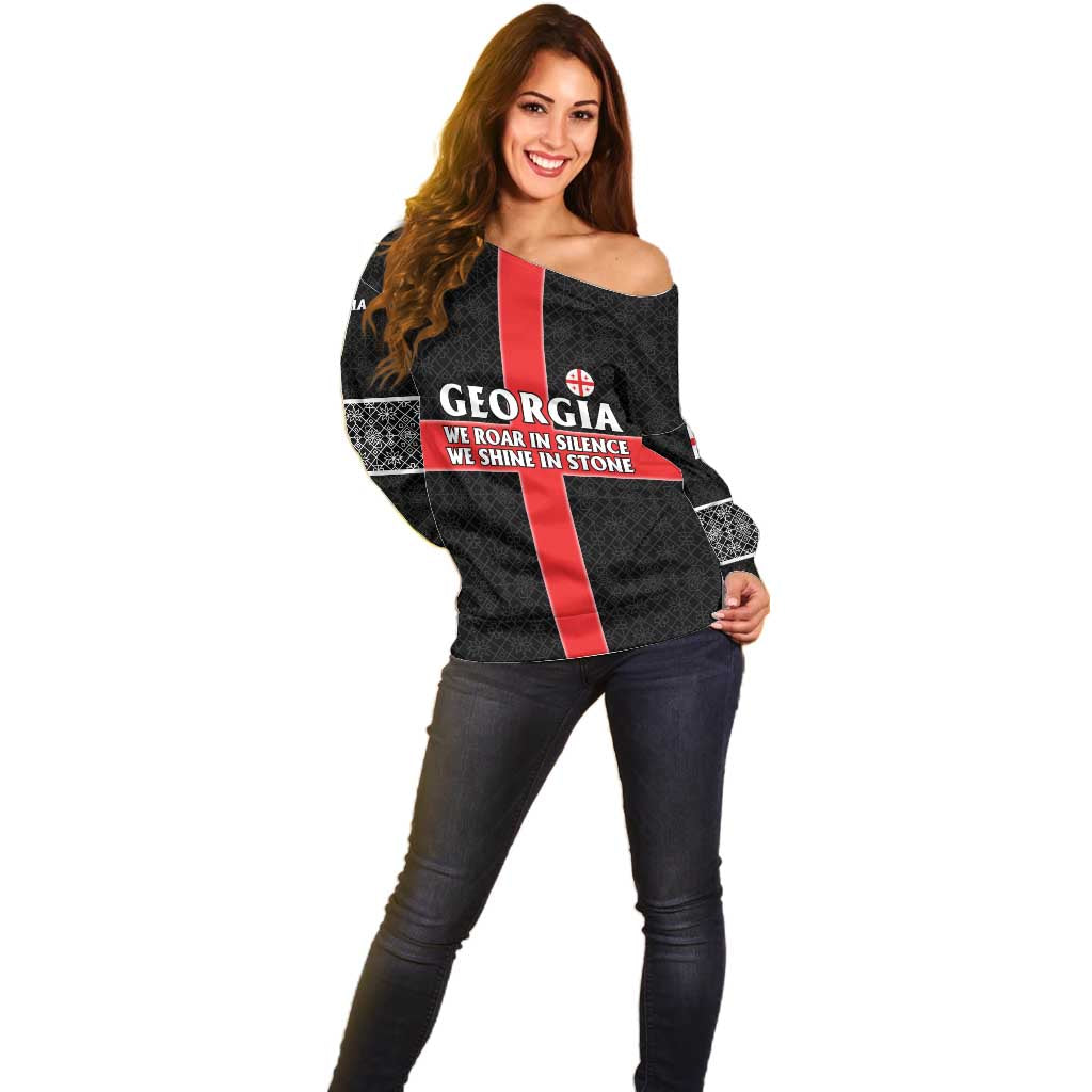 Georgia Off Shoulder Sweater with Black Patterned Red Cross with Dragon Horse Symbol and Silent Pride Quote Design - Wonder Print Shop
