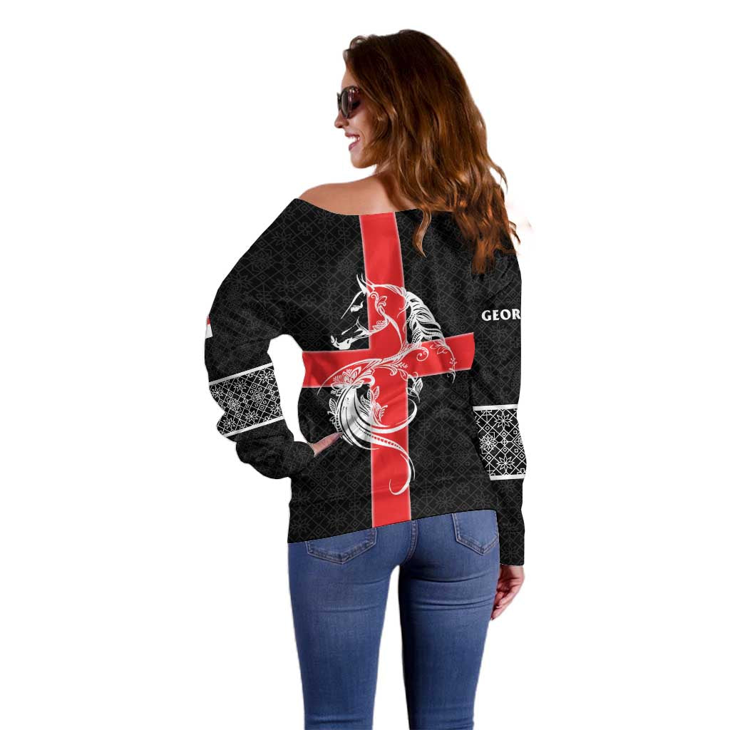 Georgia Off Shoulder Sweater with Black Patterned Red Cross with Dragon Horse Symbol and Silent Pride Quote Design - Wonder Print Shop