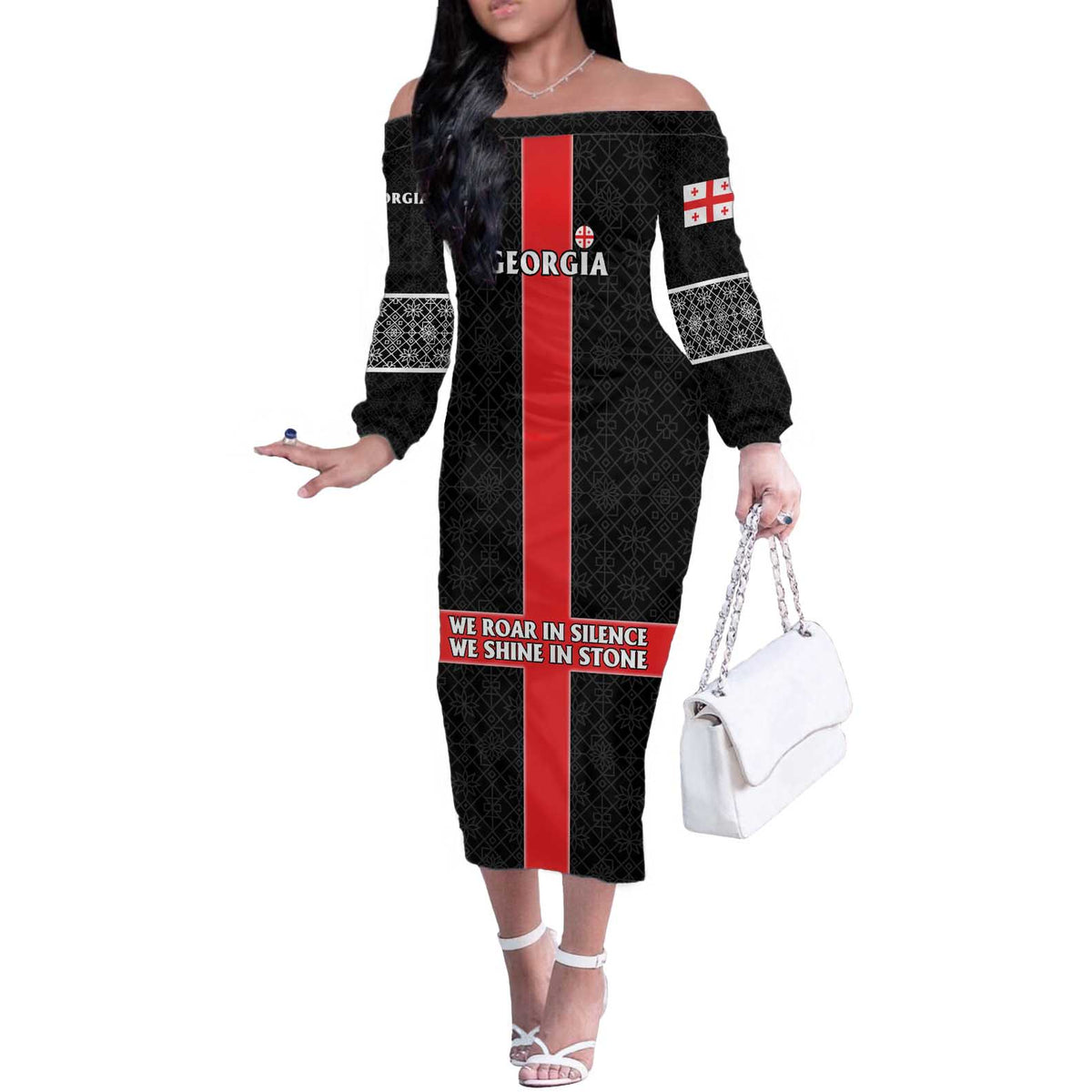 Georgia Off The Shoulder Long Sleeve Dress with Black Patterned Red Cross with Dragon Horse Symbol and Silent Pride Quote Design - Wonder Print Shop