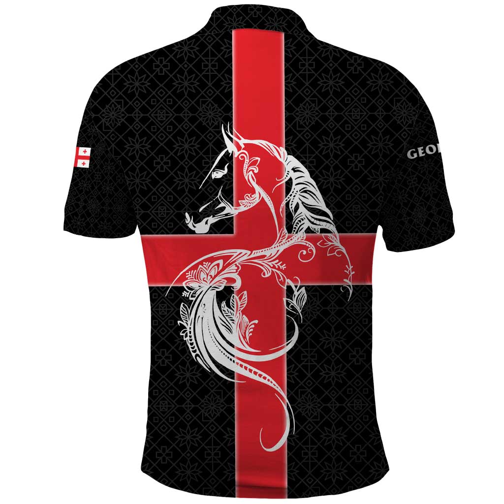 Georgia Polo Shirt with Black Patterned Red Cross with Dragon Horse Symbol and Silent Pride Quote Design - Wonder Print Shop