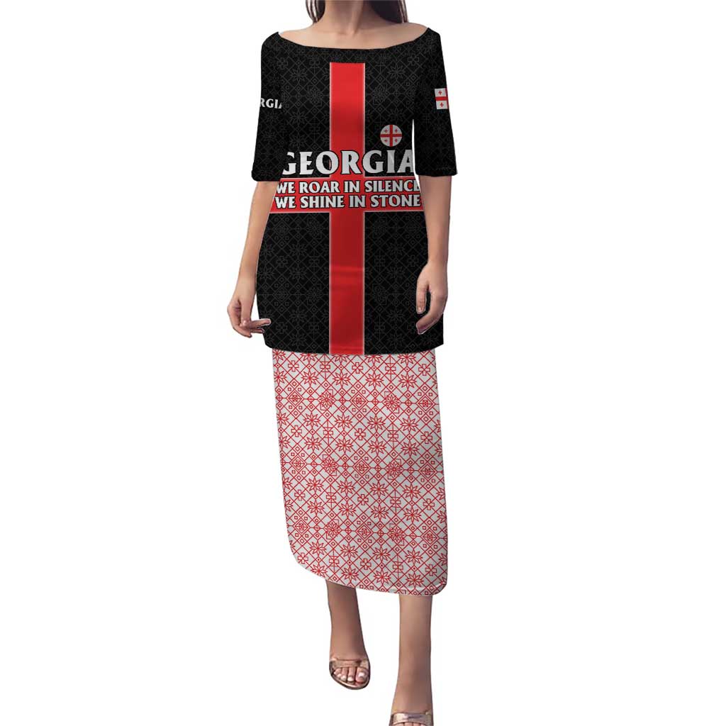 Georgia Puletasi with Black Patterned Red Cross with Dragon Horse Symbol and Silent Pride Quote Design - Wonder Print Shop