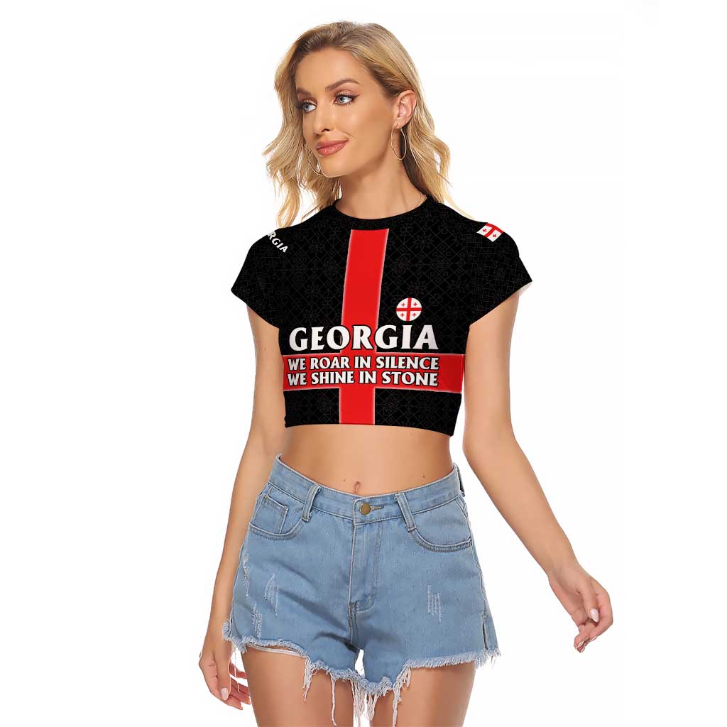 Georgia Raglan Cropped T Shirt with Black Patterned Red Cross with Dragon Horse Symbol and Silent Pride Quote Design - Wonder Print Shop