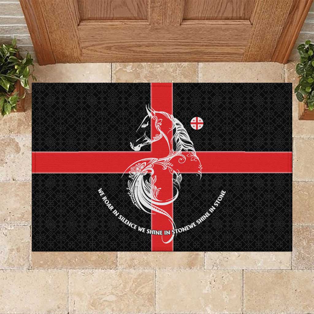 Georgia Rubber Doormat with Black Patterned Red Cross with Dragon Horse Symbol and Silent Pride Quote Design - Wonder Print Shop