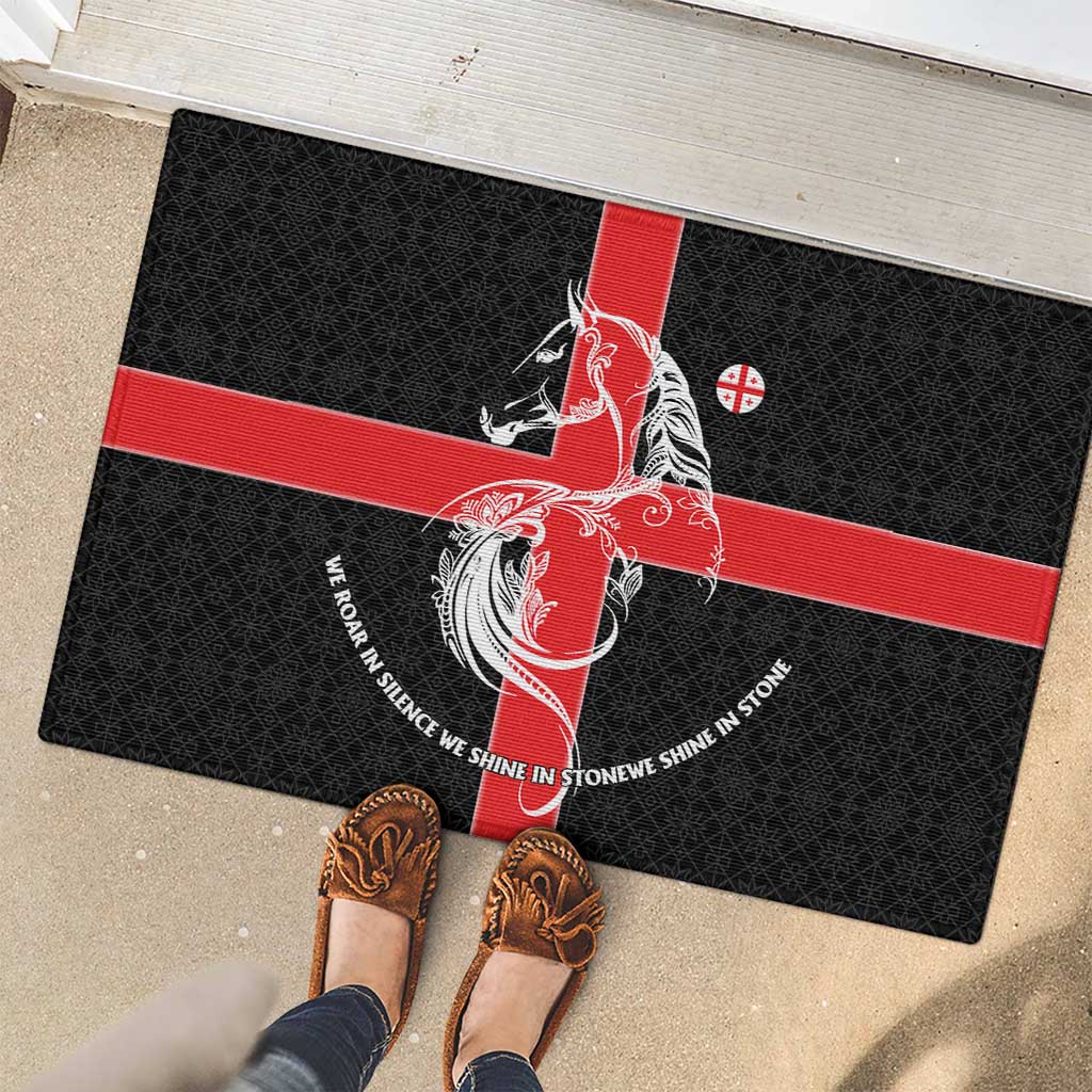 Georgia Rubber Doormat with Black Patterned Red Cross with Dragon Horse Symbol and Silent Pride Quote Design - Wonder Print Shop