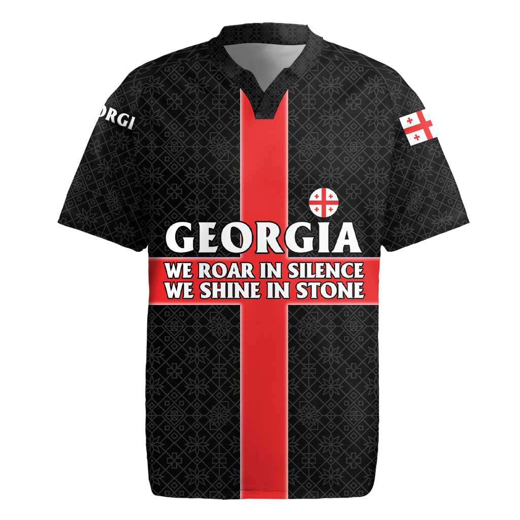 Georgia Rugby Jersey with Black Patterned Red Cross with Dragon Horse Symbol and Silent Pride Quote Design - Wonder Print Shop