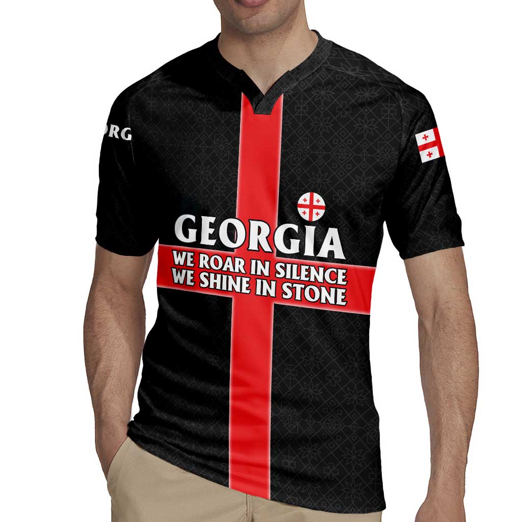Georgia Rugby Jersey with Black Patterned Red Cross with Dragon Horse Symbol and Silent Pride Quote Design - Wonder Print Shop
