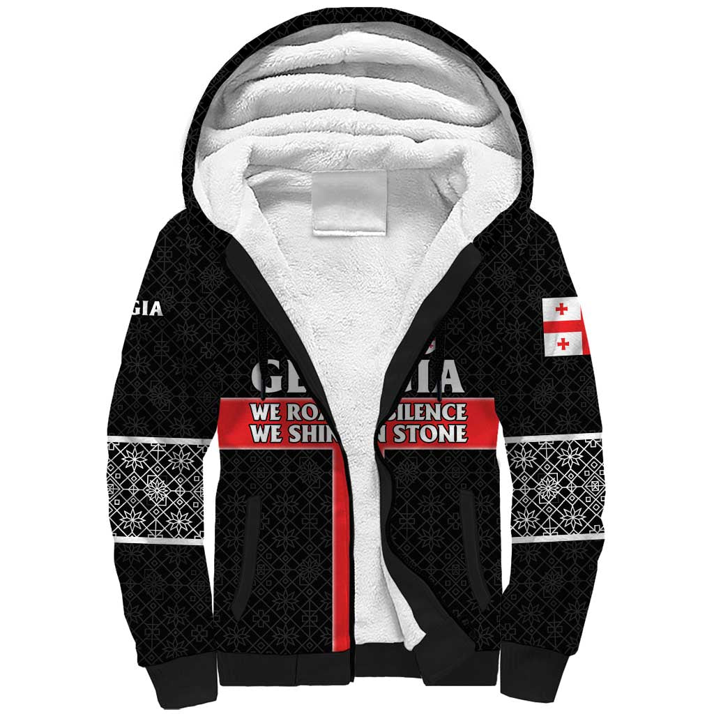 Georgia Sherpa Hoodie with Black Patterned Red Cross with Dragon Horse Symbol and Silent Pride Quote Design - Wonder Print Shop