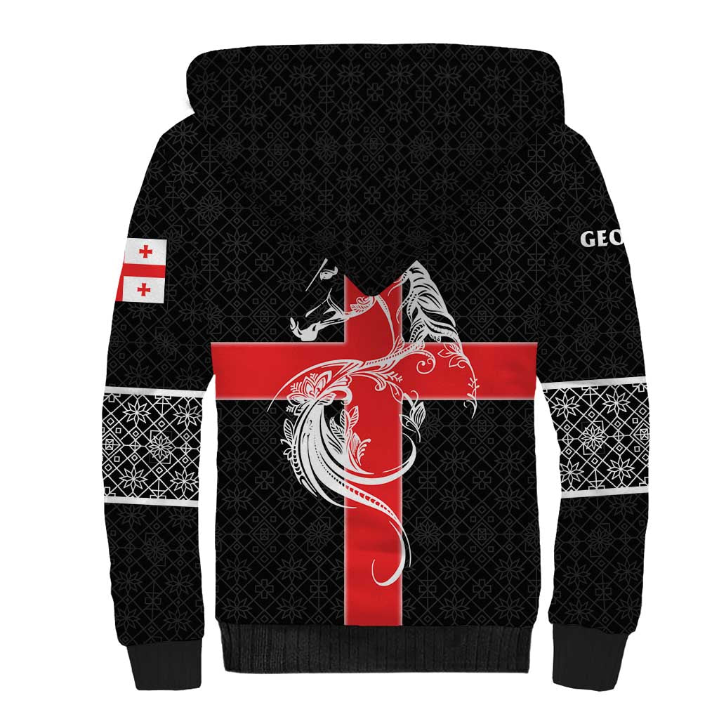 Georgia Sherpa Hoodie with Black Patterned Red Cross with Dragon Horse Symbol and Silent Pride Quote Design - Wonder Print Shop