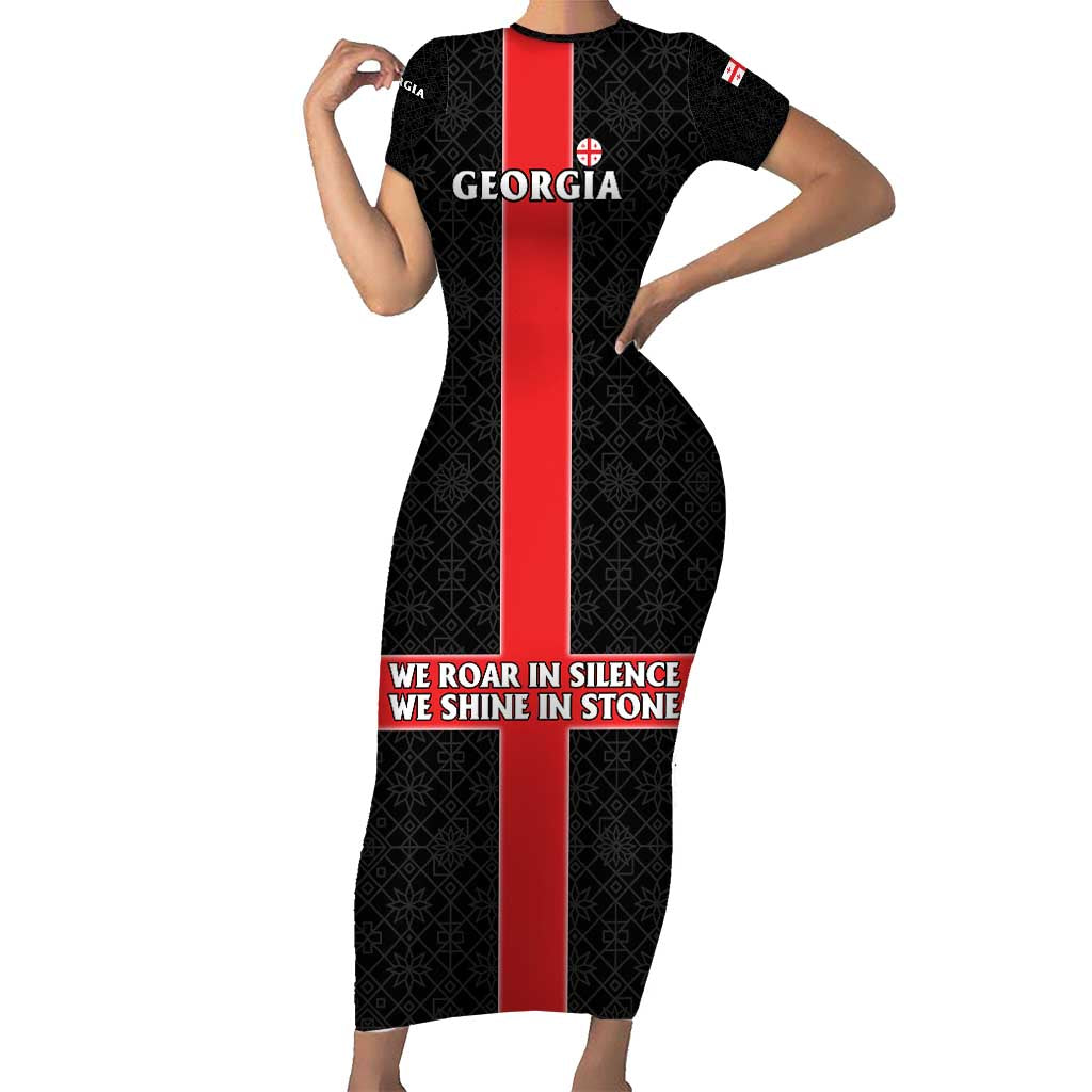 Georgia Short Sleeve Bodycon Dress with Black Patterned Red Cross with Dragon Horse Symbol and Silent Pride Quote Design - Wonder Print Shop