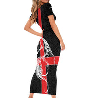 Georgia Short Sleeve Bodycon Dress with Black Patterned Red Cross with Dragon Horse Symbol and Silent Pride Quote Design - Wonder Print Shop