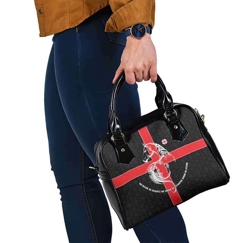 Georgia Shoulder Handbag with Black Patterned Red Cross with Dragon Horse Symbol and Silent Pride Quote Design - Wonder Print Shop