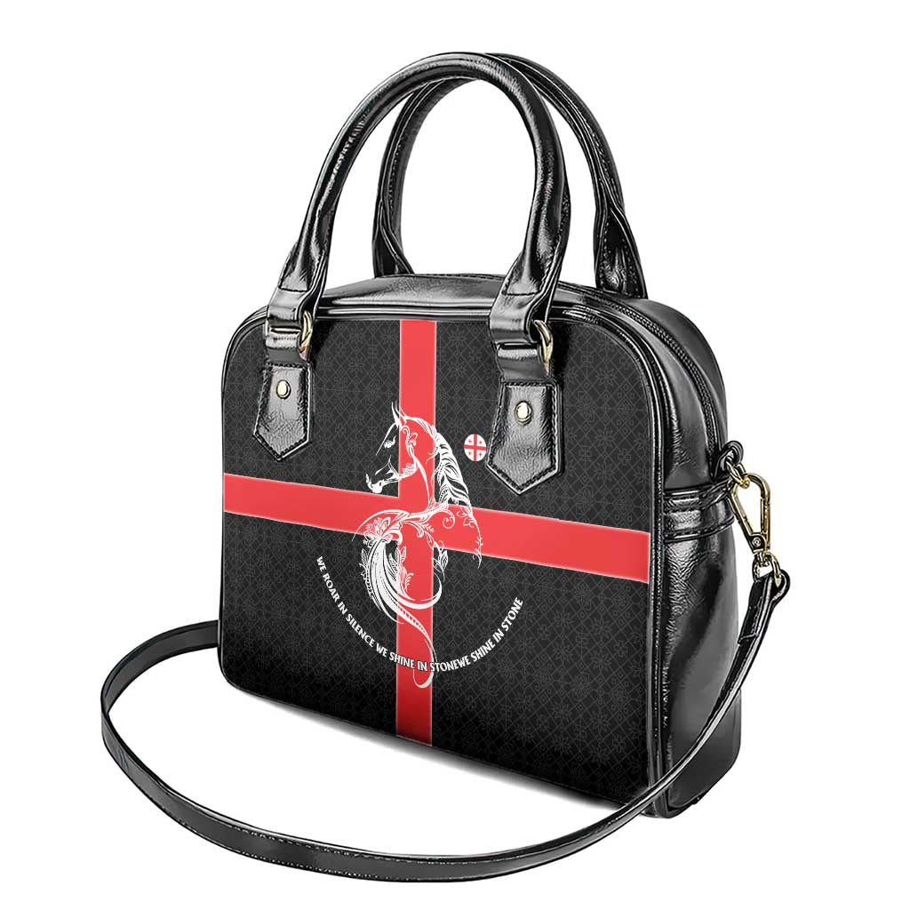 Georgia Shoulder Handbag with Black Patterned Red Cross with Dragon Horse Symbol and Silent Pride Quote Design - Wonder Print Shop