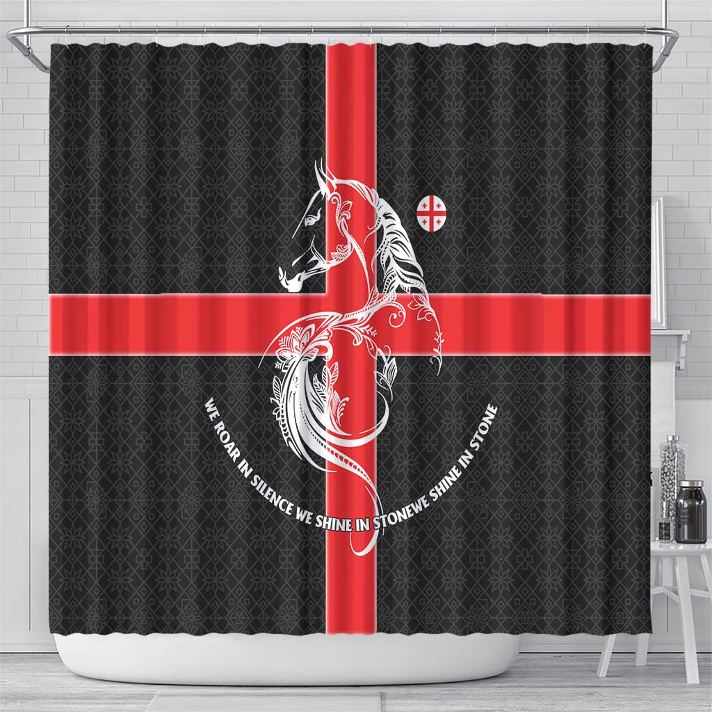 Georgia Shower Curtain with Black Patterned Red Cross with Dragon Horse Symbol and Silent Pride Quote Design - Wonder Print Shop