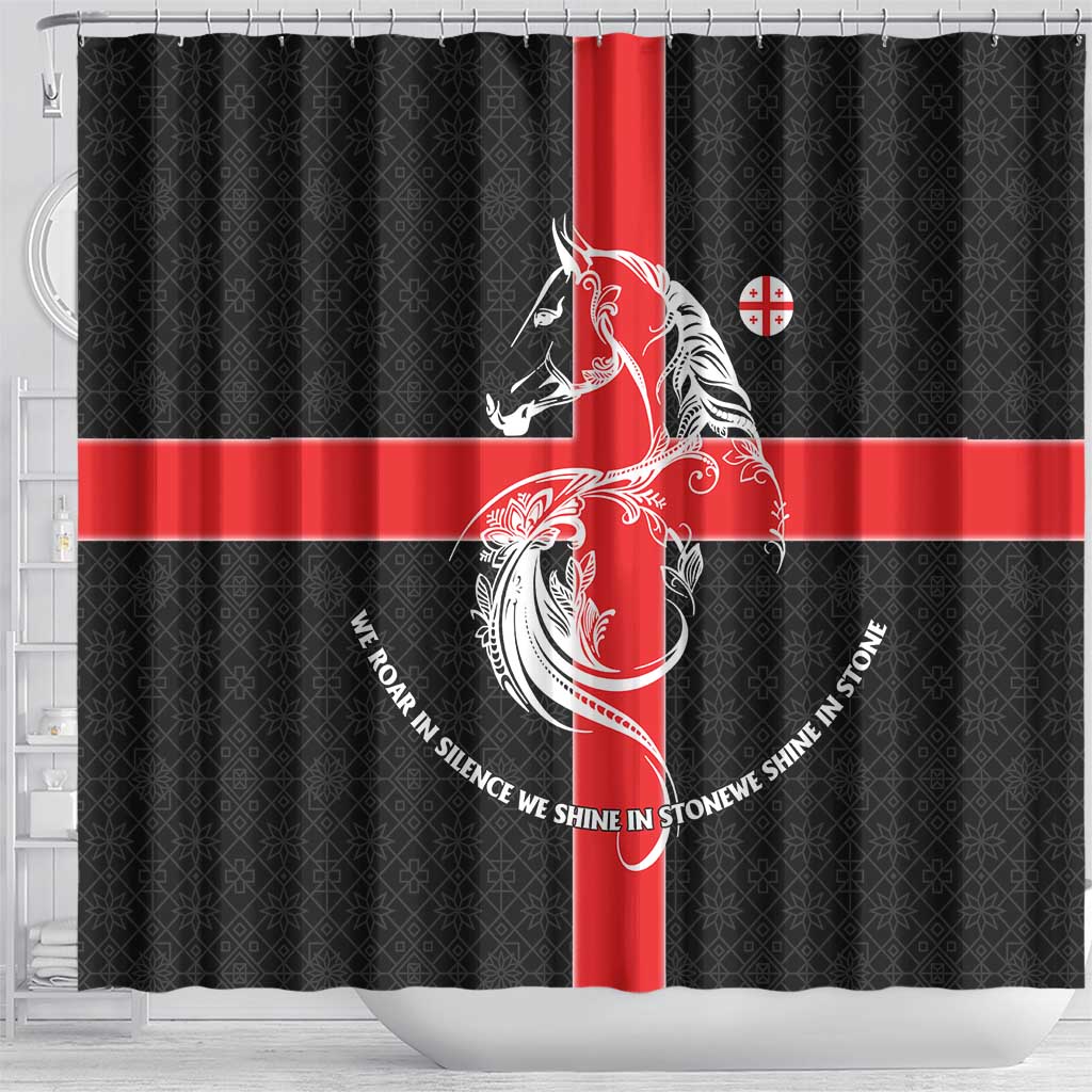 Georgia Shower Curtain with Black Patterned Red Cross with Dragon Horse Symbol and Silent Pride Quote Design - Wonder Print Shop