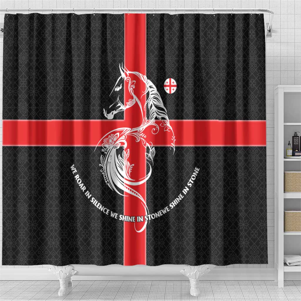 Georgia Shower Curtain with Black Patterned Red Cross with Dragon Horse Symbol and Silent Pride Quote Design - Wonder Print Shop