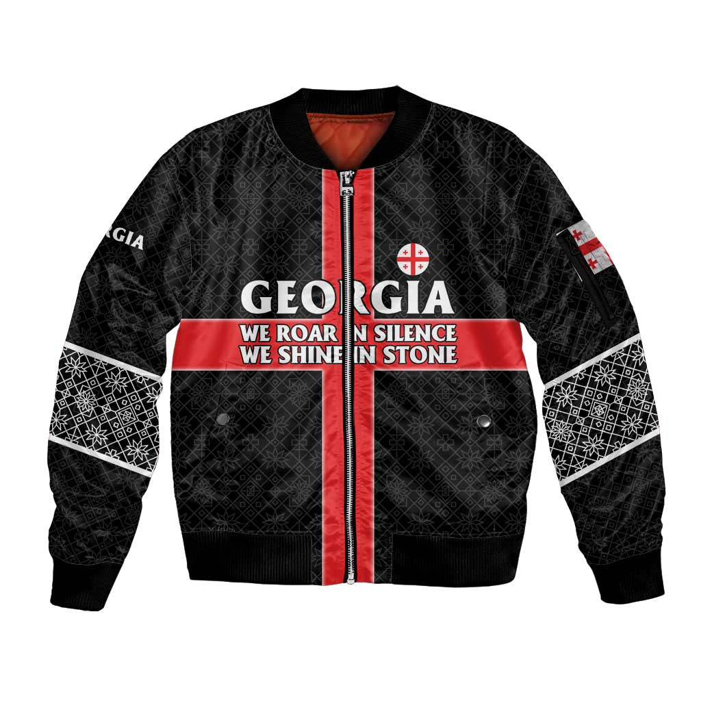 Georgia Sleeve Zip Bomber Jacket with Black Patterned Red Cross with Dragon Horse Symbol and Silent Pride Quote Design - Wonder Print Shop