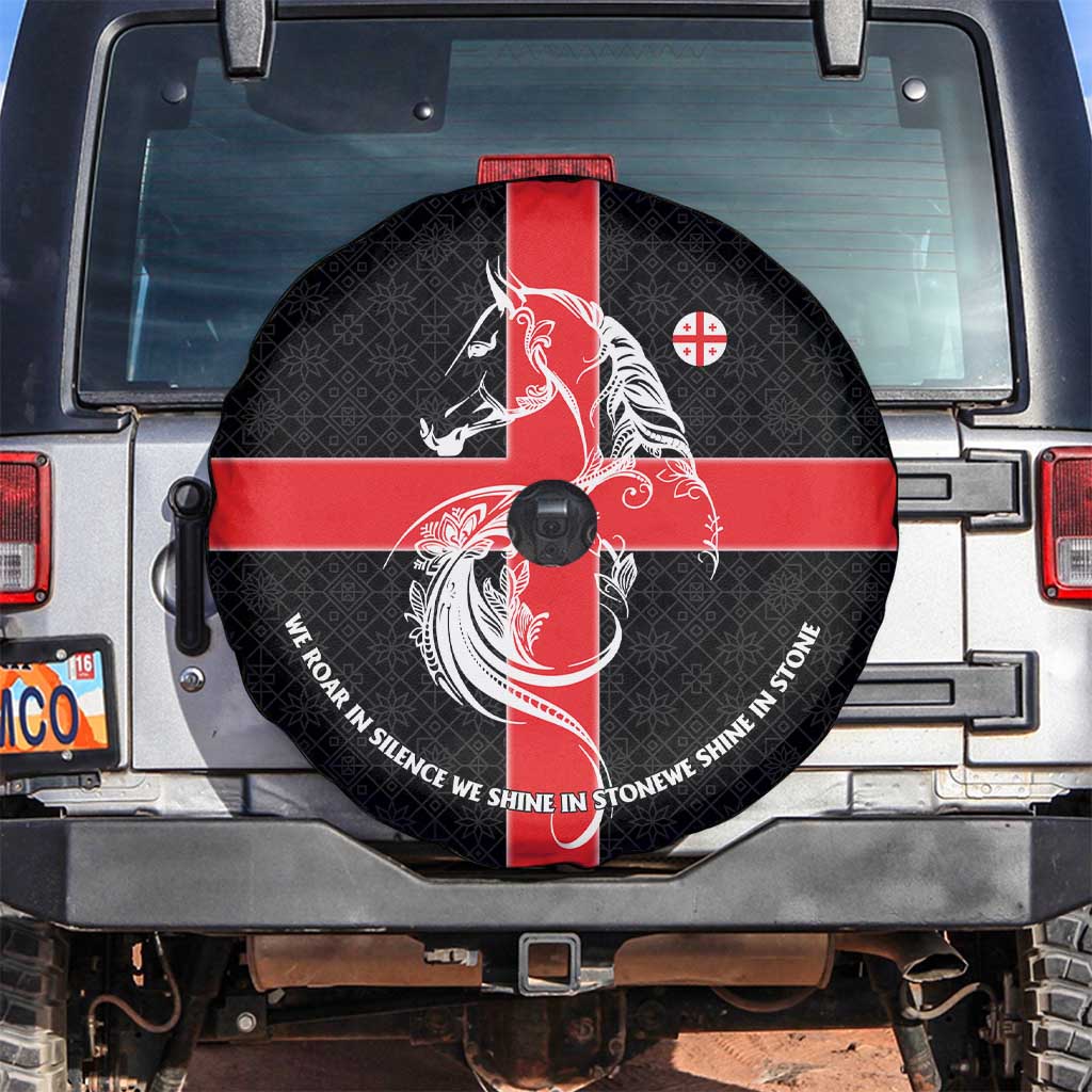 Georgia Spare Tire Cover with Black Patterned Red Cross with Dragon Horse Symbol and Silent Pride Quote Design - Wonder Print Shop