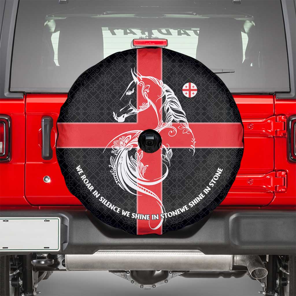 Georgia Spare Tire Cover with Black Patterned Red Cross with Dragon Horse Symbol and Silent Pride Quote Design - Wonder Print Shop