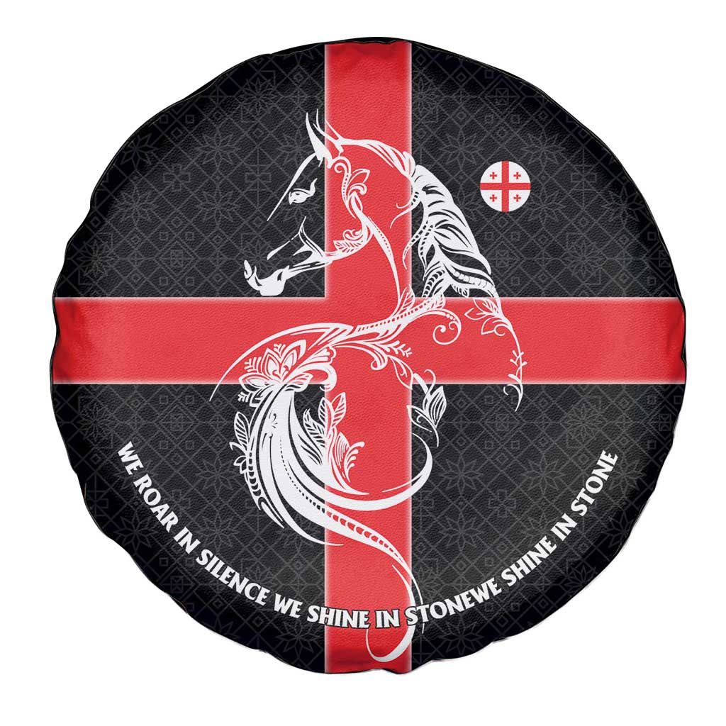 Georgia Spare Tire Cover with Black Patterned Red Cross with Dragon Horse Symbol and Silent Pride Quote Design - Wonder Print Shop