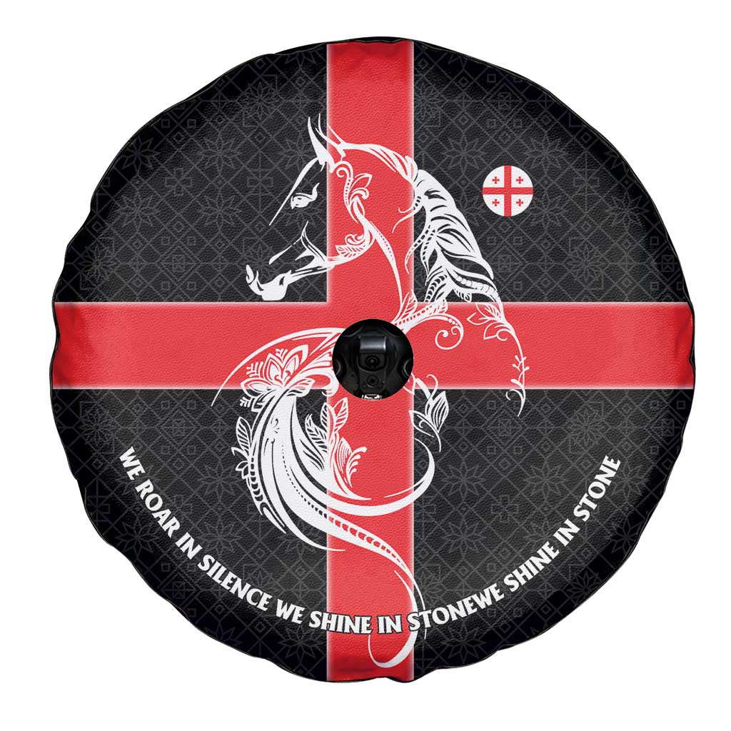 Georgia Spare Tire Cover with Black Patterned Red Cross with Dragon Horse Symbol and Silent Pride Quote Design - Wonder Print Shop