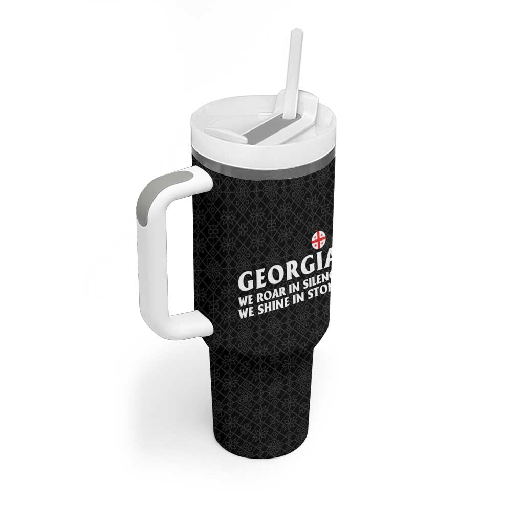 Georgia Tumbler With Handle with Black Patterned Red Cross with Dragon Horse Symbol and Silent Pride Quote Design - Wonder Print Shop