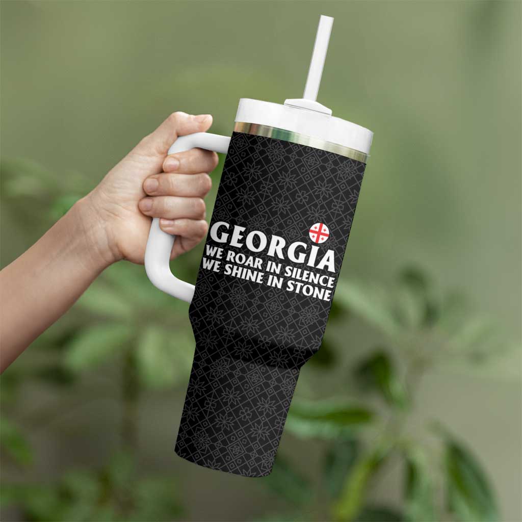 Georgia Tumbler With Handle with Black Patterned Red Cross with Dragon Horse Symbol and Silent Pride Quote Design - Wonder Print Shop