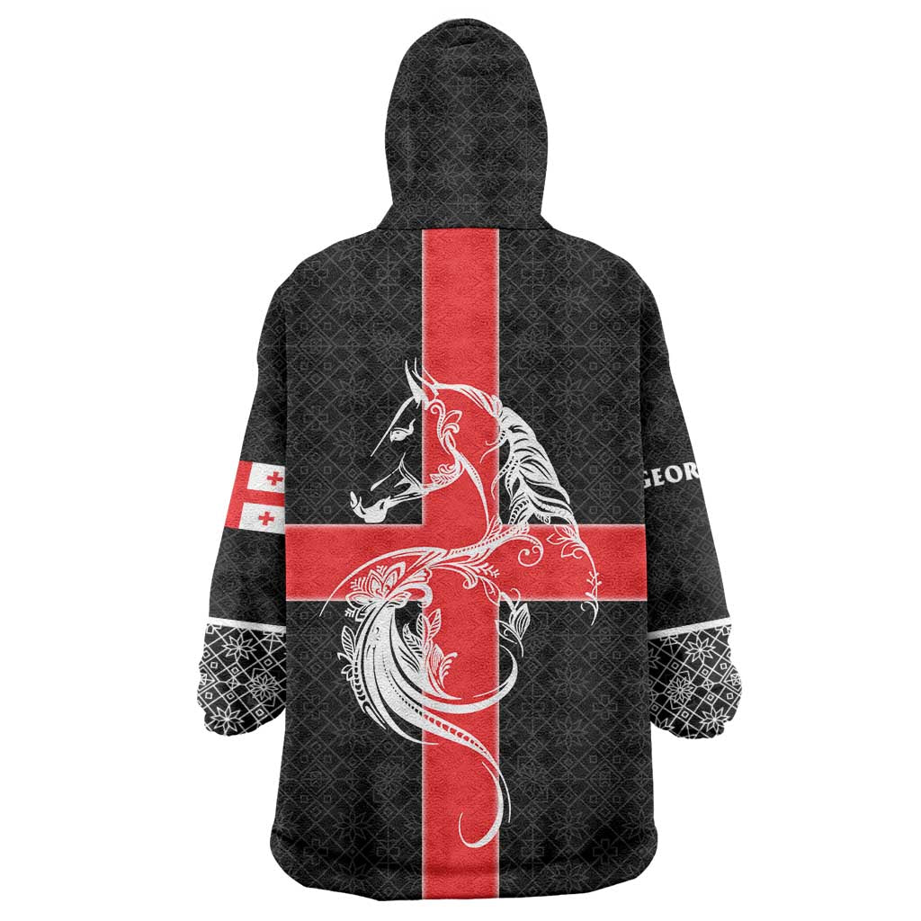 Georgia Wearable Blanket Hoodie with Black Patterned Red Cross with Dragon Horse Symbol and Silent Pride Quote Design - Wonder Print Shop