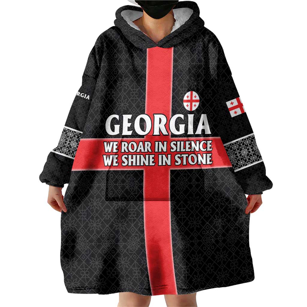 Georgia Wearable Blanket Hoodie with Black Patterned Red Cross with Dragon Horse Symbol and Silent Pride Quote Design - Wonder Print Shop