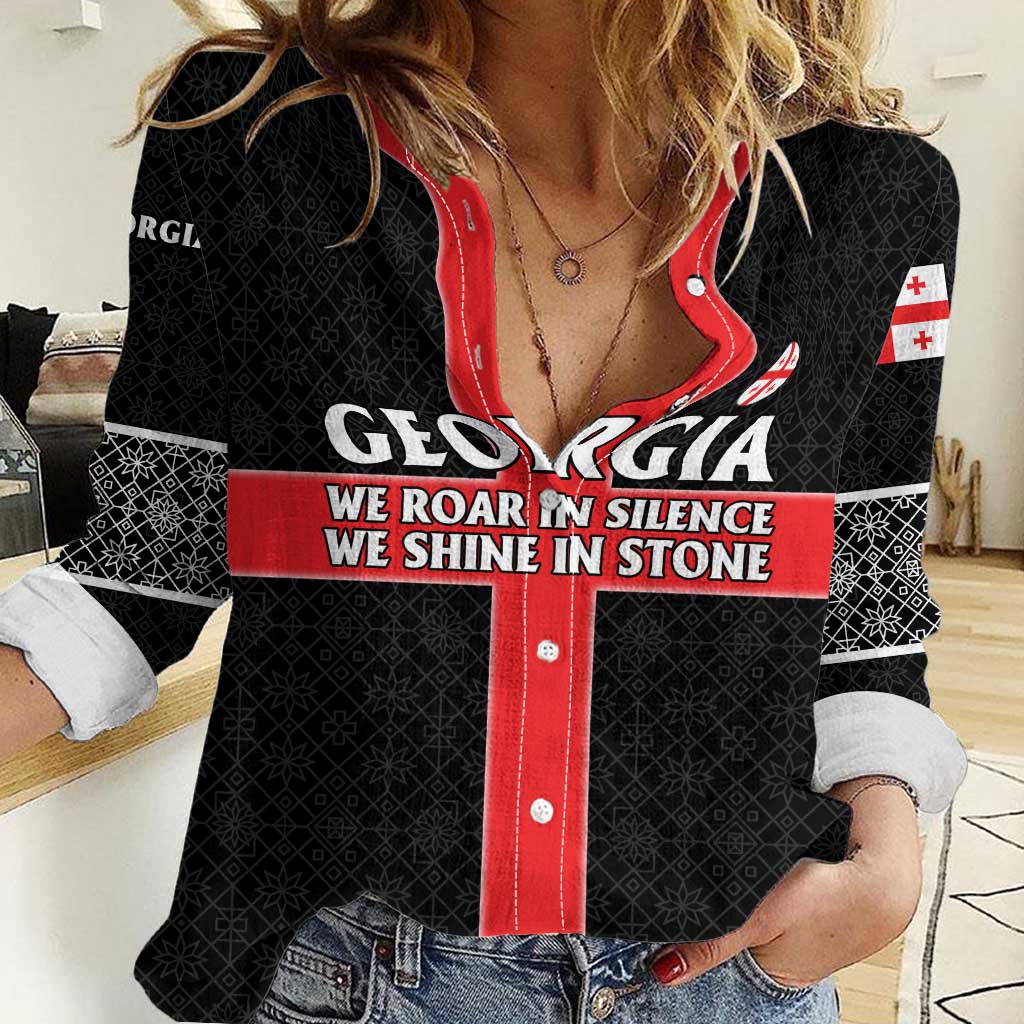 Georgia Women Casual Shirt with Black Patterned Red Cross with Dragon Horse Symbol and Silent Pride Quote Design - Wonder Print Shop
