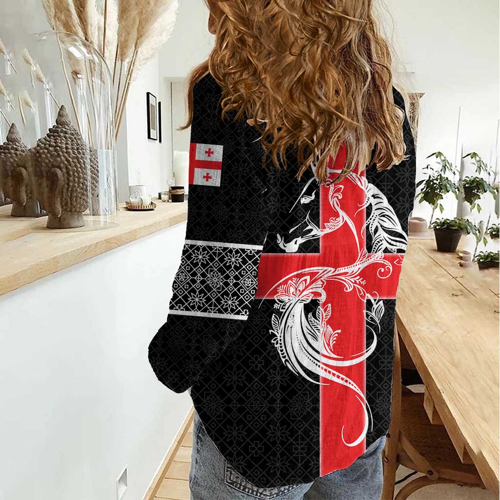 Georgia Women Casual Shirt with Black Patterned Red Cross with Dragon Horse Symbol and Silent Pride Quote Design - Wonder Print Shop