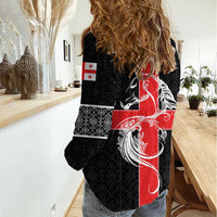 Georgia Women Casual Shirt with Black Patterned Red Cross with Dragon Horse Symbol and Silent Pride Quote Design - Wonder Print Shop