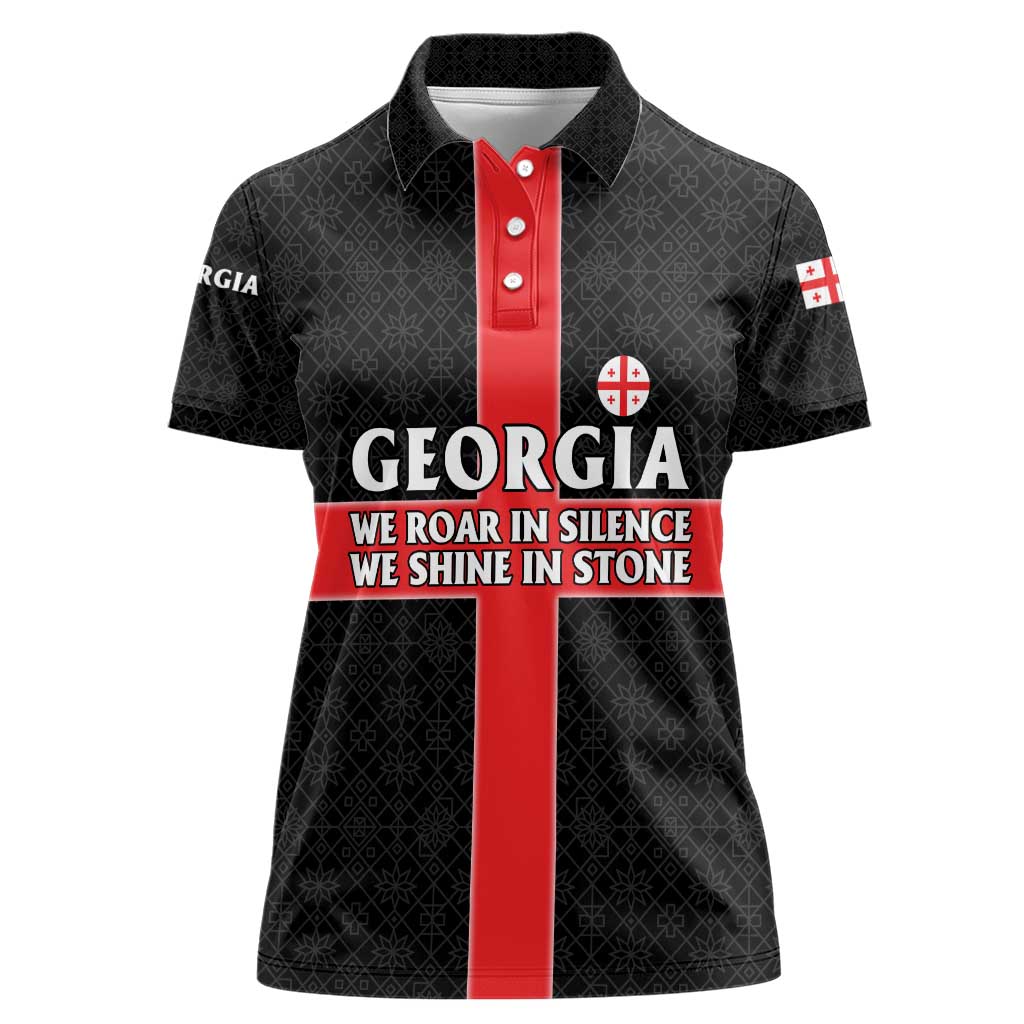 Georgia Women Polo Shirt with Black Patterned Red Cross with Dragon Horse Symbol and Silent Pride Quote Design - Wonder Print Shop
