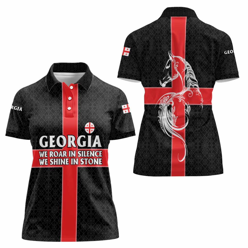 Georgia Women Polo Shirt with Black Patterned Red Cross with Dragon Horse Symbol and Silent Pride Quote Design - Wonder Print Shop