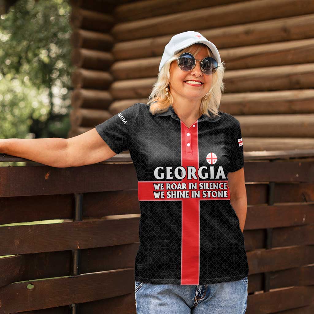 Georgia Women Polo Shirt with Black Patterned Red Cross with Dragon Horse Symbol and Silent Pride Quote Design - Wonder Print Shop