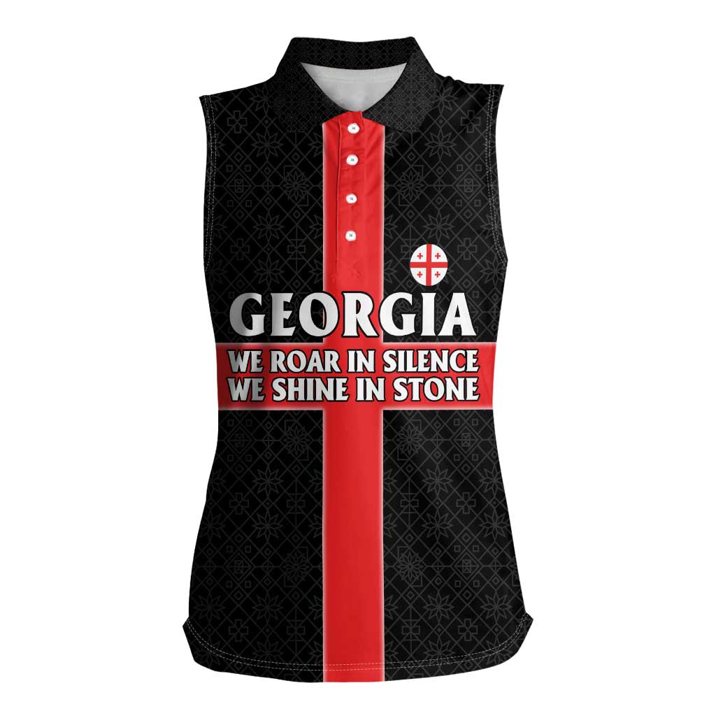 Georgia Women Sleeveless Polo Shirt with Black Patterned Red Cross with Dragon Horse Symbol and Silent Pride Quote Design - Wonder Print Shop